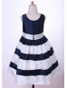 Navy Blue And Ivory Striped Taffeta Timeless Flower Girl Dress
